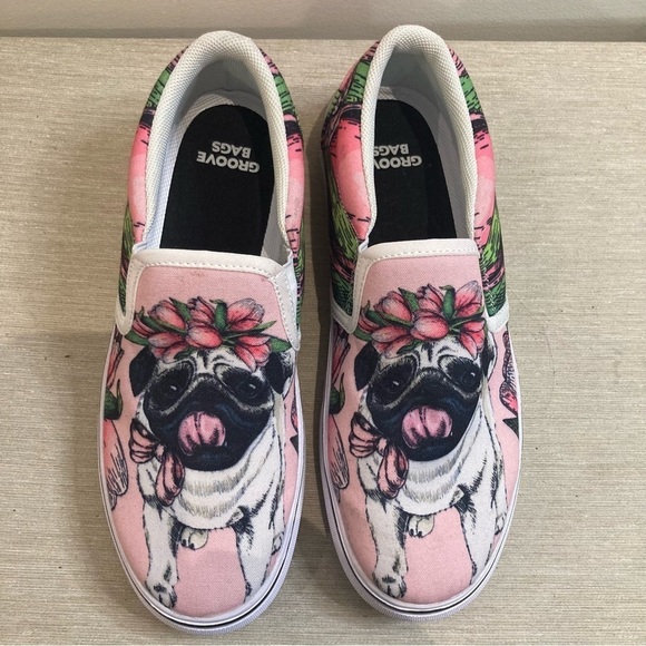 GROOVE BAGS Sz 5 Slip On Chunky Sole Pug Dog Design Slip On Flats Loafers - Picture 4 of 12